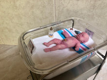 Load image into Gallery viewer, Prototype full body silicone mini baby Milly 4.5” in super soft blend asleep bald with belly button stamp