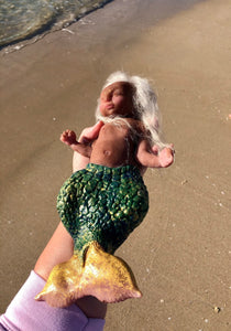 AVAILABLE Custom Awake Full body silicone mermaid baby 10" ( green tail)