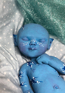 AVAILABLE Prototype Full body silicone fantasy baby Ana in soft blend, asleep, avatar inspired