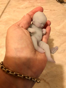 AVAILABLE Prototype full body silicone fantasy mini kit Milly 4.5” in super soft blend asleep bald