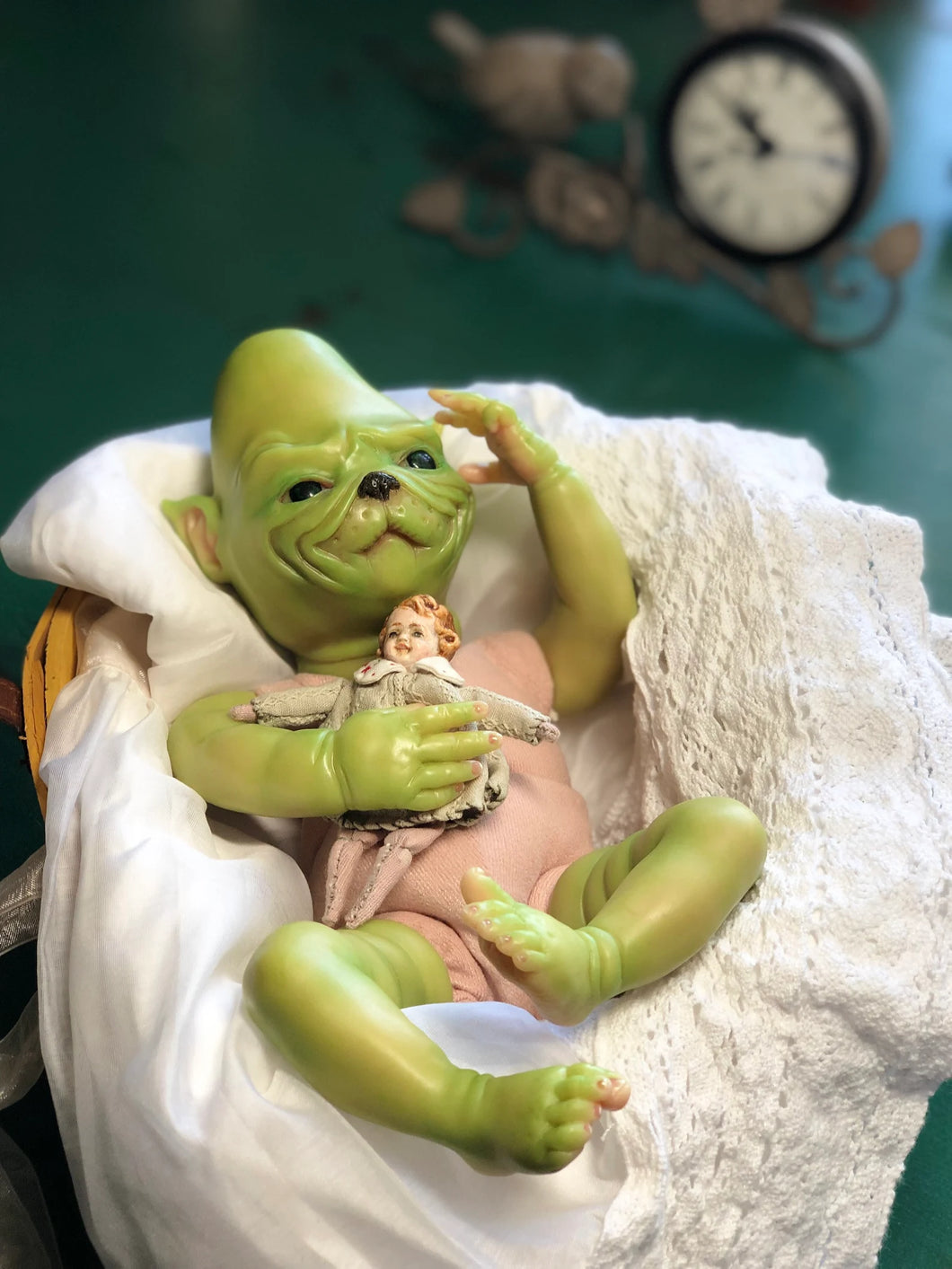 Custom Reborn fantasy vinyl baby Ozzy by Nadine Dolotova (Grinch / Werewolf / Elf inspired)