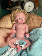 Load image into Gallery viewer, CUSTOM full body silicone 10” doll Willow (with long curly hair) in soft blend

