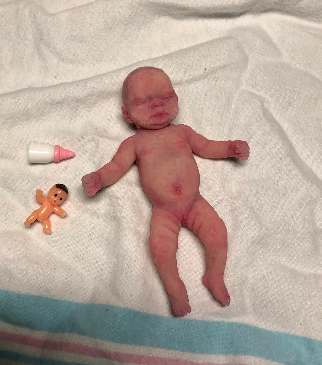 Prototype full body silicone mini kit Milly 4.5” in super soft blend asleep bald