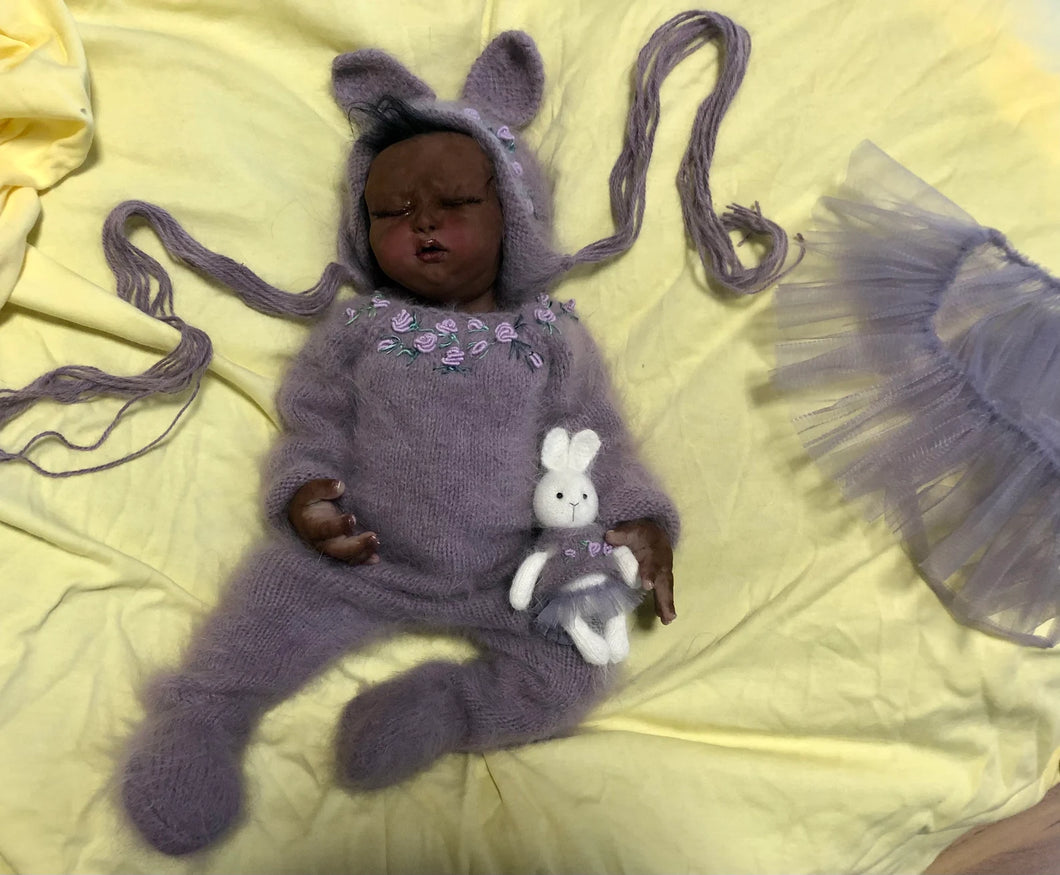 AVAILABLE full body silicone baby girl Nevaeh 17” in super soft blend, biracial skin tone, black rooted hair