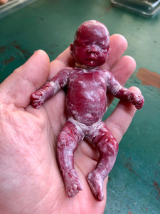 AVAILABLE Prototype full body silicone mini baby Milly 4.5” with vernix effect in soft blend asleep bald