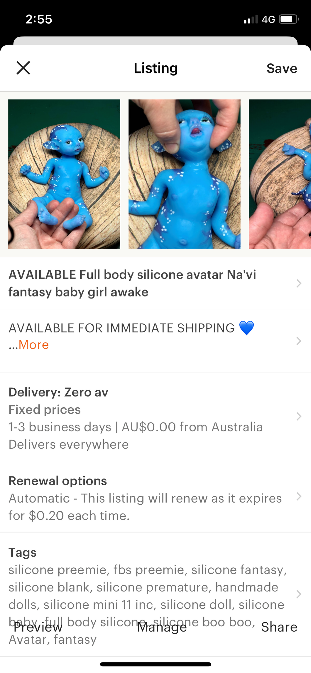 AVAILABLE Full body silicone avatar Na'vi fantasy baby girl awake for Gayle Hough